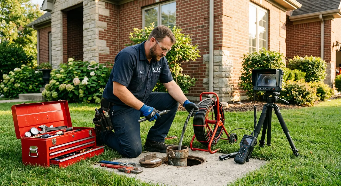 Sewer specialist with camera equipment servicing a cleanout in Wildewood