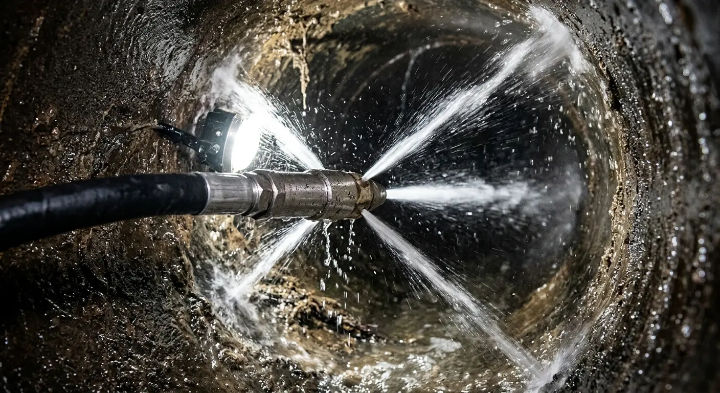 High-pressure hydro jetting nozzle cleaning sewer pipe for Emergency Drain Service in Wildewood